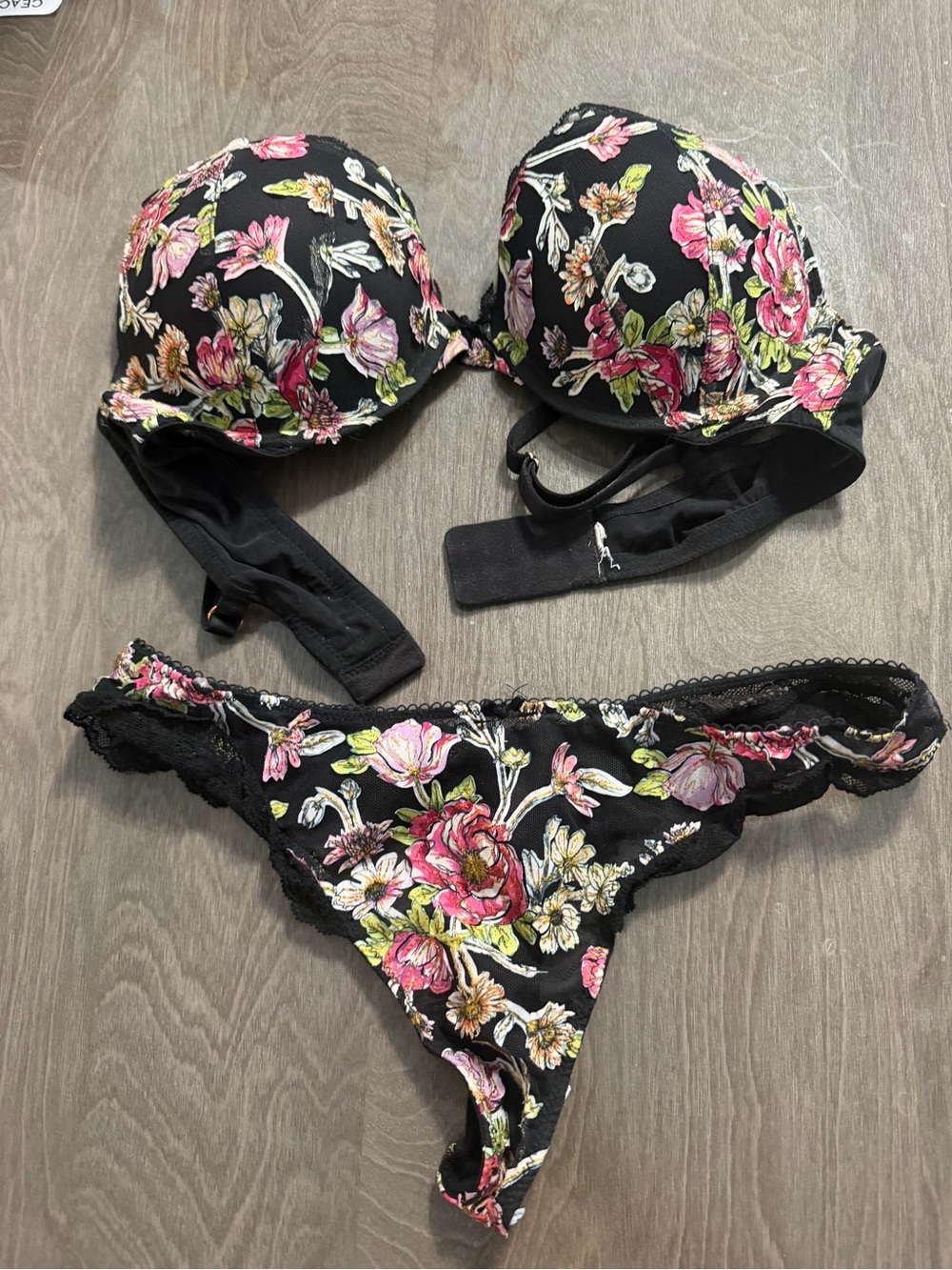 Victoria's Secret Black Floral Underwire Bikini Set with Pink and Green Accents